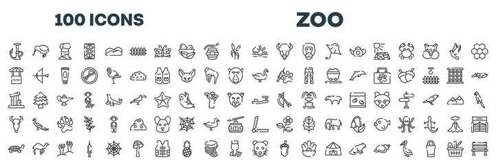 set of 100 outline zoo icons. editable thin line icons such as hookah, sun, food stand, swan, relics, sandals, tortoise, rat stock vector.