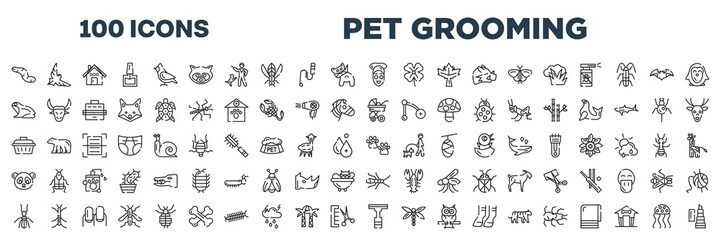 Fototapeta premium set of 100 outline pet grooming icons. editable thin line icons such as worm, facial treatment, frog, stroller, pet cage, pawprint, termite, null stock vector.