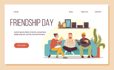 Friendship day web banner with friends eating pizza, flat vector illustration.