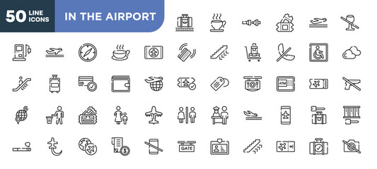 Fototapeta na wymiar set of 50 outline in the airport icons. editable thin line icons such as baggage claim, airplane flight card, elegant wallet, pair of cinema tickets, planes circling, travelling globe, boarding