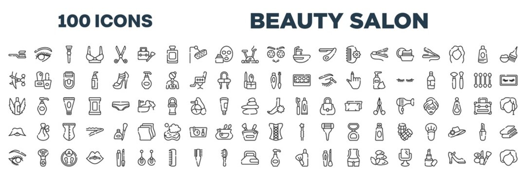set of 100 outline beauty salon icons. editable thin line icons such as tooth brush, cucumber slices on face, hair cut, eyes mascara, aloe vera, pedicure, eye make up, body lotion stock vector.