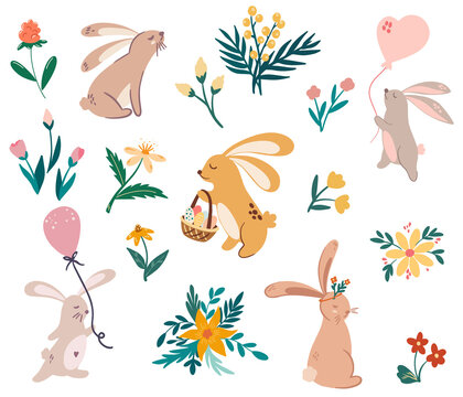 Rabbits and flowers. Happy Easter. Cute bunnies and wild flowers. Perfect for printing children's postcards, prints and posters. Vector cartoon illustration