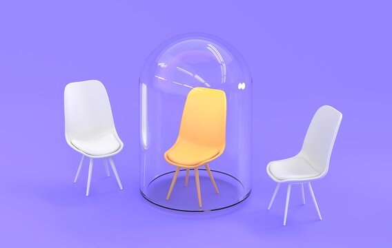 3D Yellow office chair under glass dome among empty white seat. Finding, hiring and recruiting employees in pandemic. Concept of social distancing or stay home. 3D render isolated on purple background