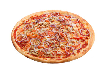 Classic Italian pizza with bacon, chicken and red onion