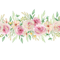 Watercolor illustration seamless border of pink roses.