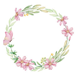 Watercolor delicate floral wreath with flowers