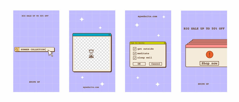 Social Media Ig Story Templates In Old School Nostalgic Design With Computer Interface Elements. Retro 80s 90s Aesthetic Backgrounds. Set Of Vintage Vertical Banners In Vaporwave Y2K Style. Vector.