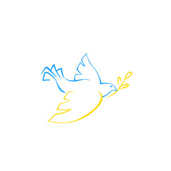 White dove with a branch in the colors of the Ukrainian flag. Stop the war in Ukraine. The concept of peace in Ukraine. Vector illustration isolated on white background