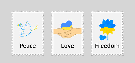 Fototapeta premium Set of Ukrainian postcards. Concept of Peace, Love and Freedom. Flying bird, hands with heart, sunflower colored into Ukrainian flag. 