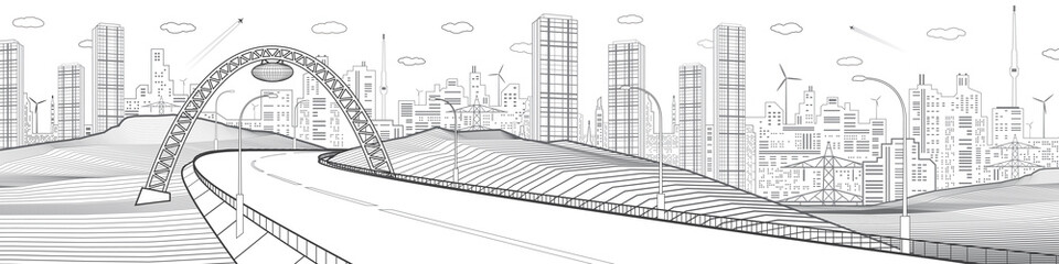 Highway under the bridge. Modern city. Infrastructure illustration, urban scene. Black outlines on white background. Vector design art 