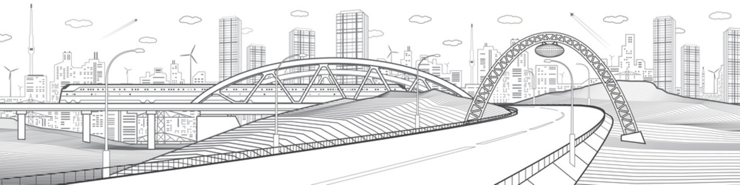 Highway under the bridge. Train rides. Modern city. Infrastructure illustration, urban scene. Black outlines on white background. Vector design art 