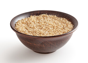 Brown rice in ceramic bowl isolated on white background with clipping path