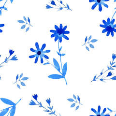 Watercolor floral drawing in blue on a white background. Seamless pattern.
