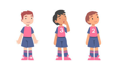 Cute little boys soccer players in sports uniform cartoon vector illustration