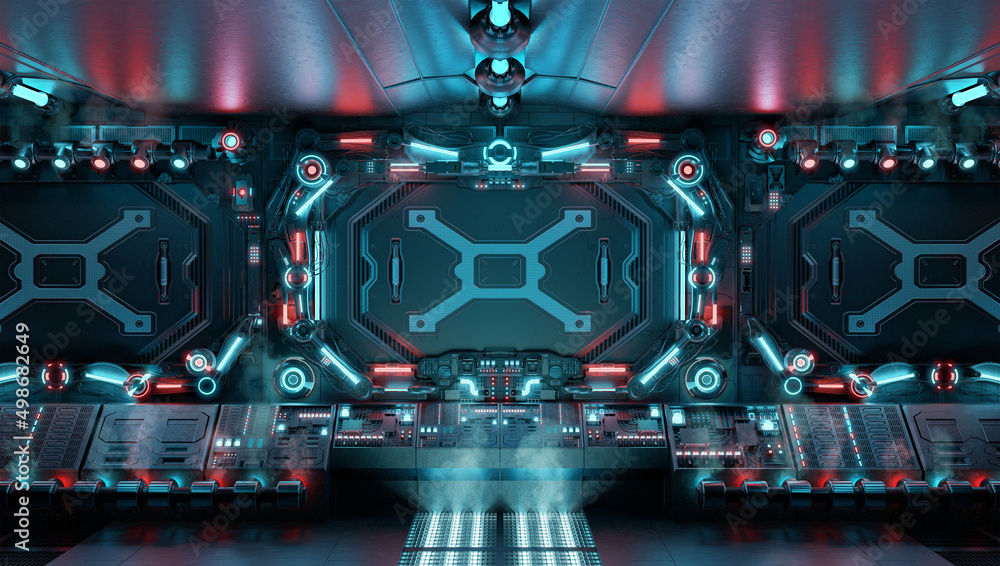 Poster dark spaceship interior with glowing control panels. futuristic space station background with blue a
