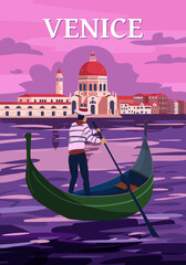 Venice Italia Poster retro style. Grand Canal, gondolier, architecture, vintage card. Vector illustration postcard - obrazy, fototapety, plakaty
