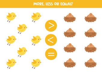 More, less, equal with cute birds and nests.