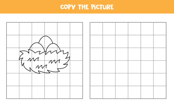 Copy the picture of black and white bird nest. Logical game for kids.