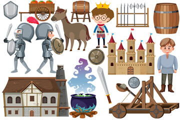 Medieval characters buildings set