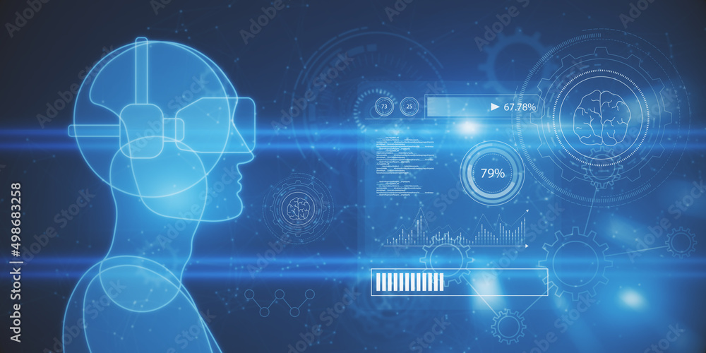 Aufkleber Abstract blue guy or robot outline with VR glasses on blurry bokeh background with charts and various icons. Virtual reality, future and metaverse concept. 3D Rendering.