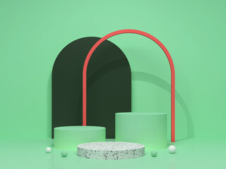 White marble podium and pastel green cylinders with spheres and arch on green wall background. Pedestal for product presentation. Geometric 3D render