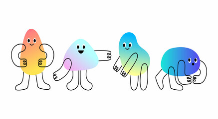 Bundle of various bright creatures with body and hands. Cute disproportionate characters with a gradient. Vector illustration for kids. Vector isolated flat style illustration