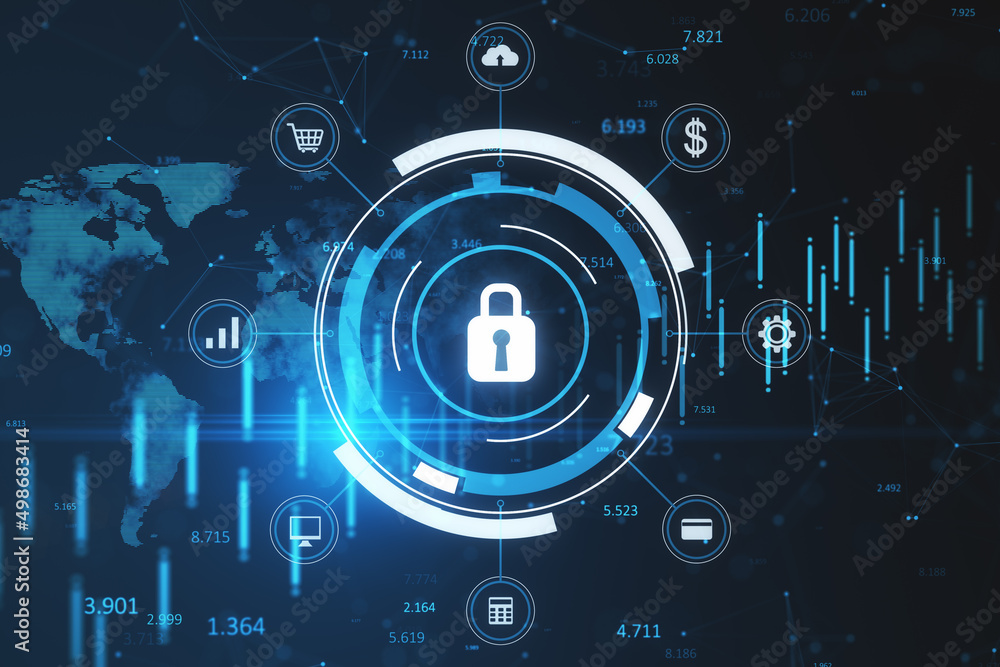 Poster glowing blue padlock hologram with forex chart and map on dark background, secure and online safety 
