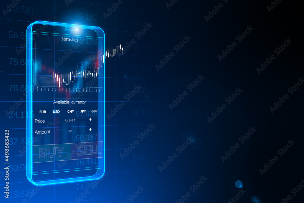 Poster abstract digital blue mobile phone with cryptocurrency buy sell chart and mock up place on blue back