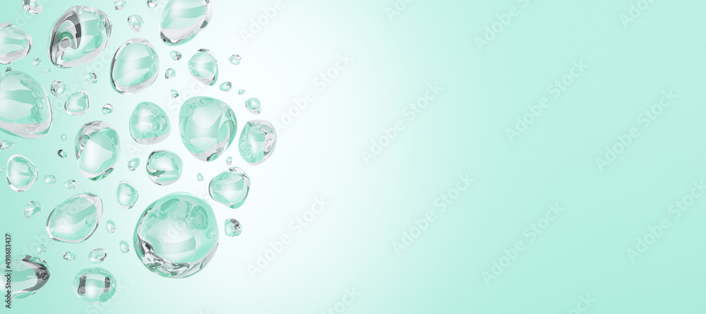 Poster abstract wide blue light water drops backdrop with mock up place. advertisement and aqua concept. 3d
