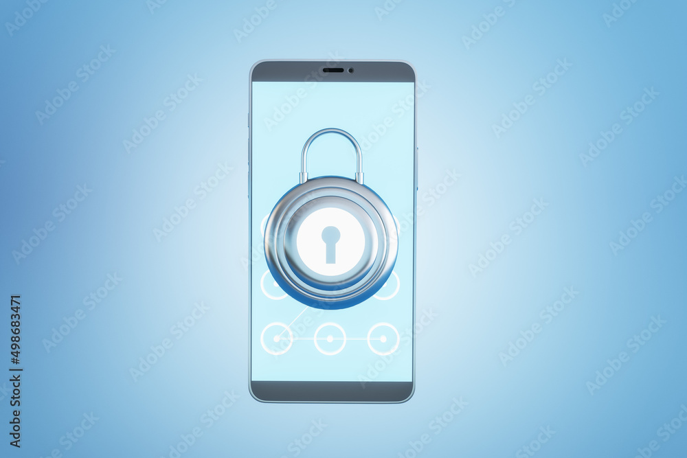 Aufkleber Close up of smartphone with creative padlock on screen. Blue backdrop. Secure device concept. 3D Rendering.