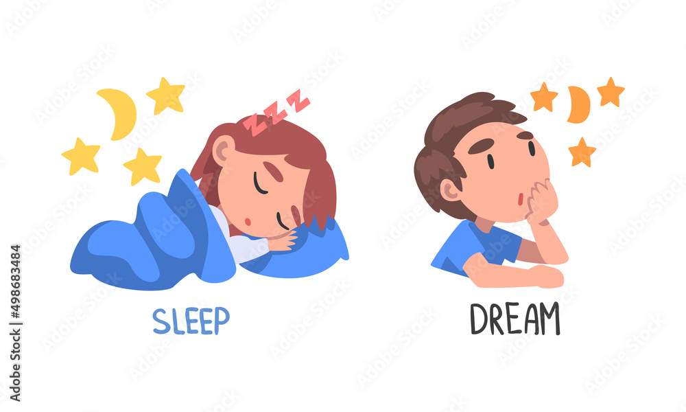 Poster Kids engaged in different activities set. Sleep and dream action verbs for children education cartoon cartoon vector illustration