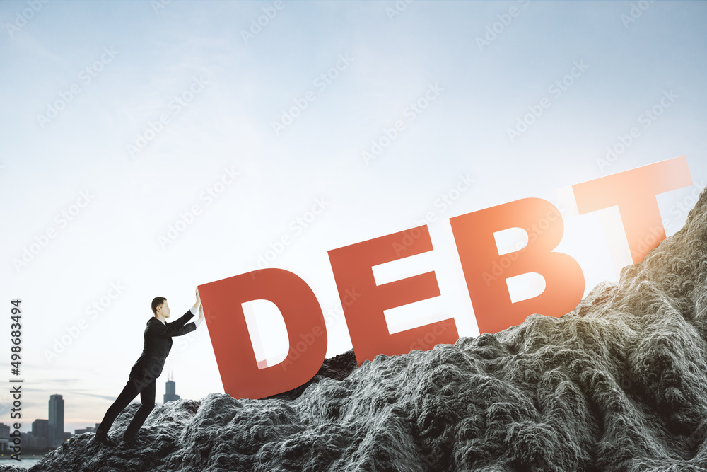Aufkleber abstract image of businessman pushing debt burden on mountain. bright sky background. mock up place.