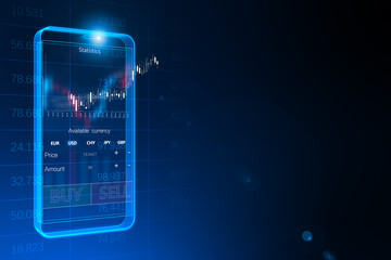 Abstract digital blue mobile phone with cryptocurrency buy sell chart and mock up place on blue background. Bitcoin and trade concept. 3D Rendering.