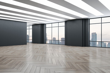 Modern gallery interior with wooden flooring, mock up place, window and panoramic city view. 3D Rendering.