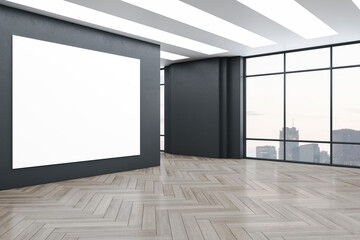 Modern gallery interior with wooden flooring, mock up poster, window and panoramic city view. 3D Rendering.