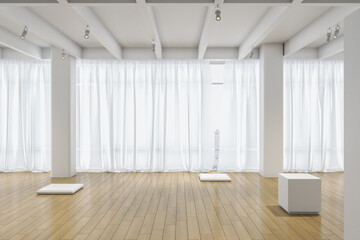 Fototapeta na wymiar Spacious, empty and light presentation hall with classic interior design: big windows with city part view, white curtains, wooden floor and empty small light stands. 3D rendering, mockup