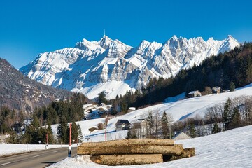 Pass road view to Santis peak mountain Switzerland. spectacular view. winter snow covered mountains