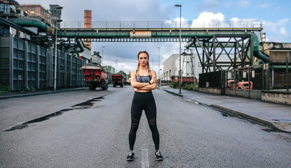Fototapeta premium Sportswoman looking camera posing in the middle of the road in front of a factory