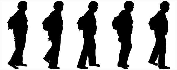 A woman with a backpack on her back. Travel in retirement. Women walk one after another in one line. Hiking. Sport. Tourists on a hike. Side view. Five black female silhouettes are isolated on a white
