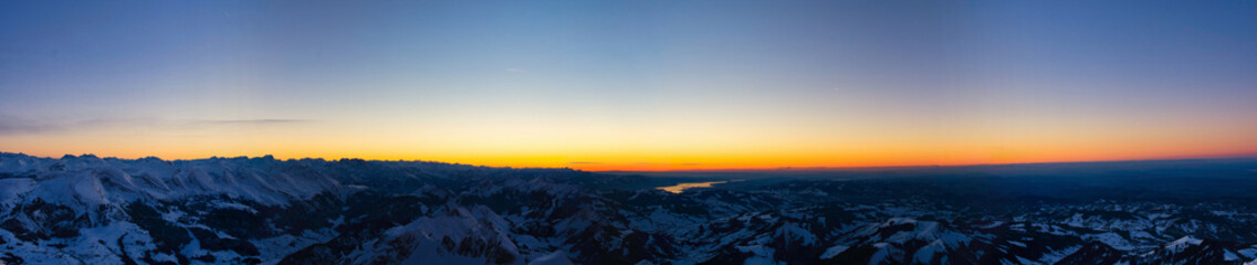 Panoramic picture of Santis peak mountain Switzerland. spectacular view, sunset. winter snow covered mountains