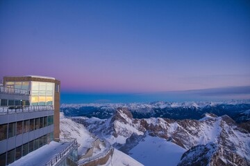 Santis peak mountain Switzerland. spectacular view, sunset. winter snow covered mountains