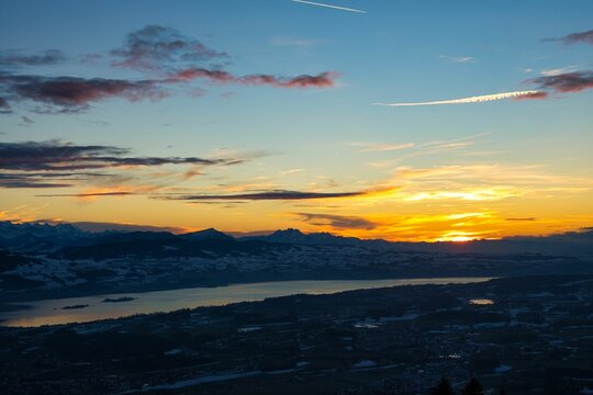 Bachtel Tower located at Zurich Oberland during Winter sunset time. Top view from Panorama view over lake of Zurich