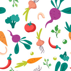 Vector Seamless pattern with vegetables isolated on white background. Hand drawn parsley, peas, carrot, potatoes, cabbage, onion. Healthy vegan food concept design.