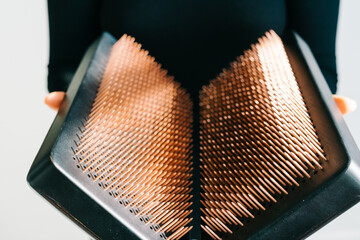 a sadhu board of their dark solid oak with copper nails, in the hands of a young girl on a white background. yoga practice standing on nails