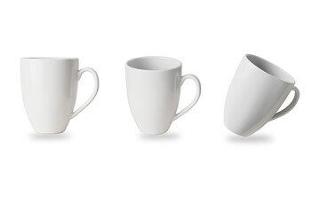 Empty blank realistic white coffee or tea mug mockup isolated on white background. front and side view with shadow. 3d rendering.