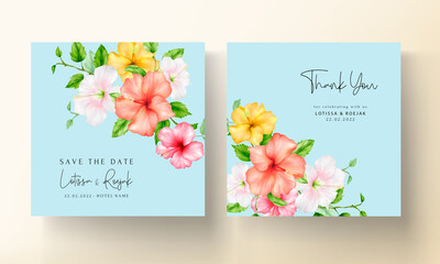beautiful watercolor hibiscus flower wedding invitation card template