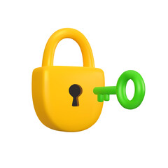 Vector 3d Lock with Key icon. Cartoon render yellow padlock isolated on white background. Security concept.