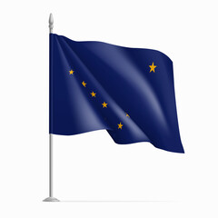 Realistic waving flag of Alaska federal state on flagpole. National flag of US State of Alaska fluttered in the wind. American patriotic element isolated on white background