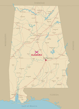 Road map of Alabama US American Federal State. Highly detailed transportation map with highway and state roads, rivers and cities for navigation or logistics vector illustration