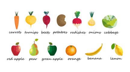 a bright set of vegetables and fruits with names